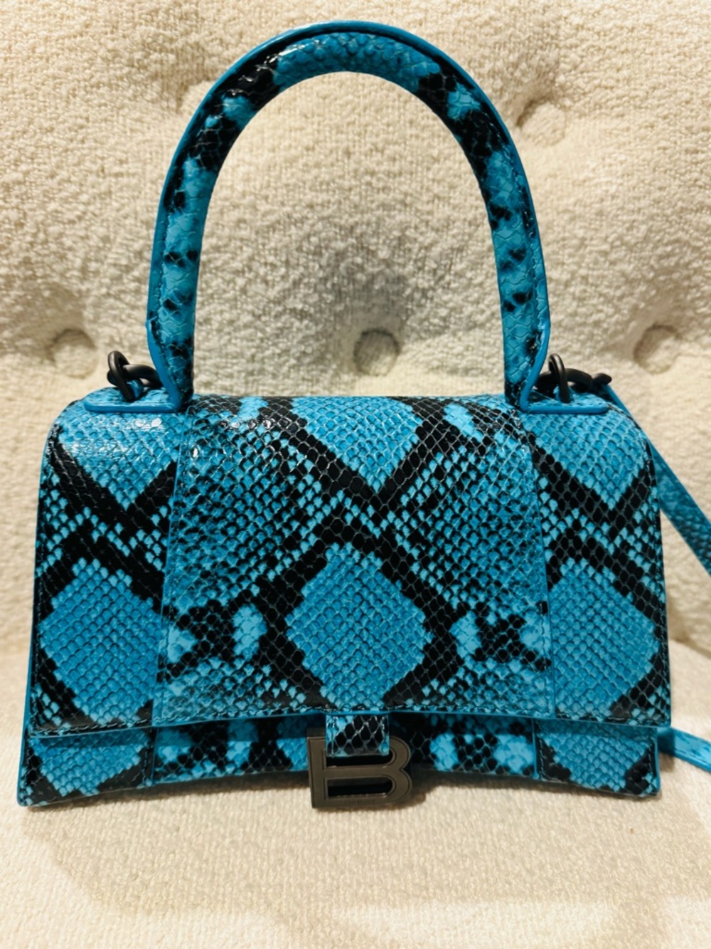 Balenciaga Turquoise and Black Snake-Print Mini Top Handle Bag